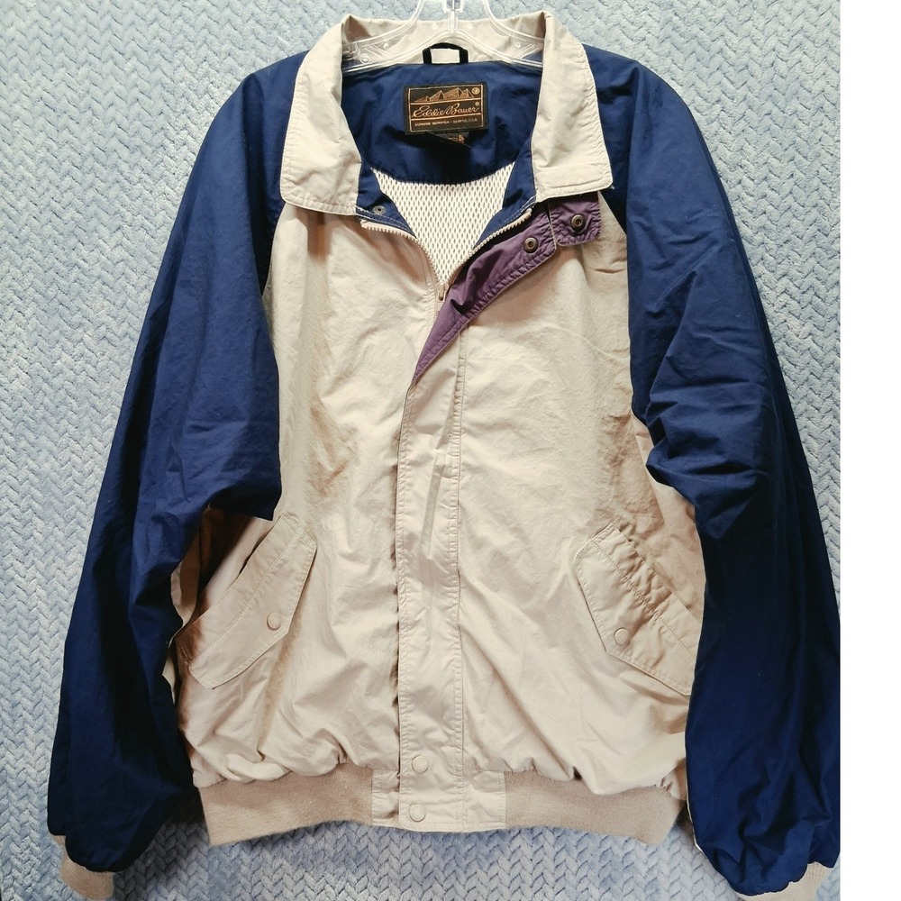 Eddie Bauer Vintage Mens XL Tall Colorblock Cotton Windbreaker Jacket Navy Cream